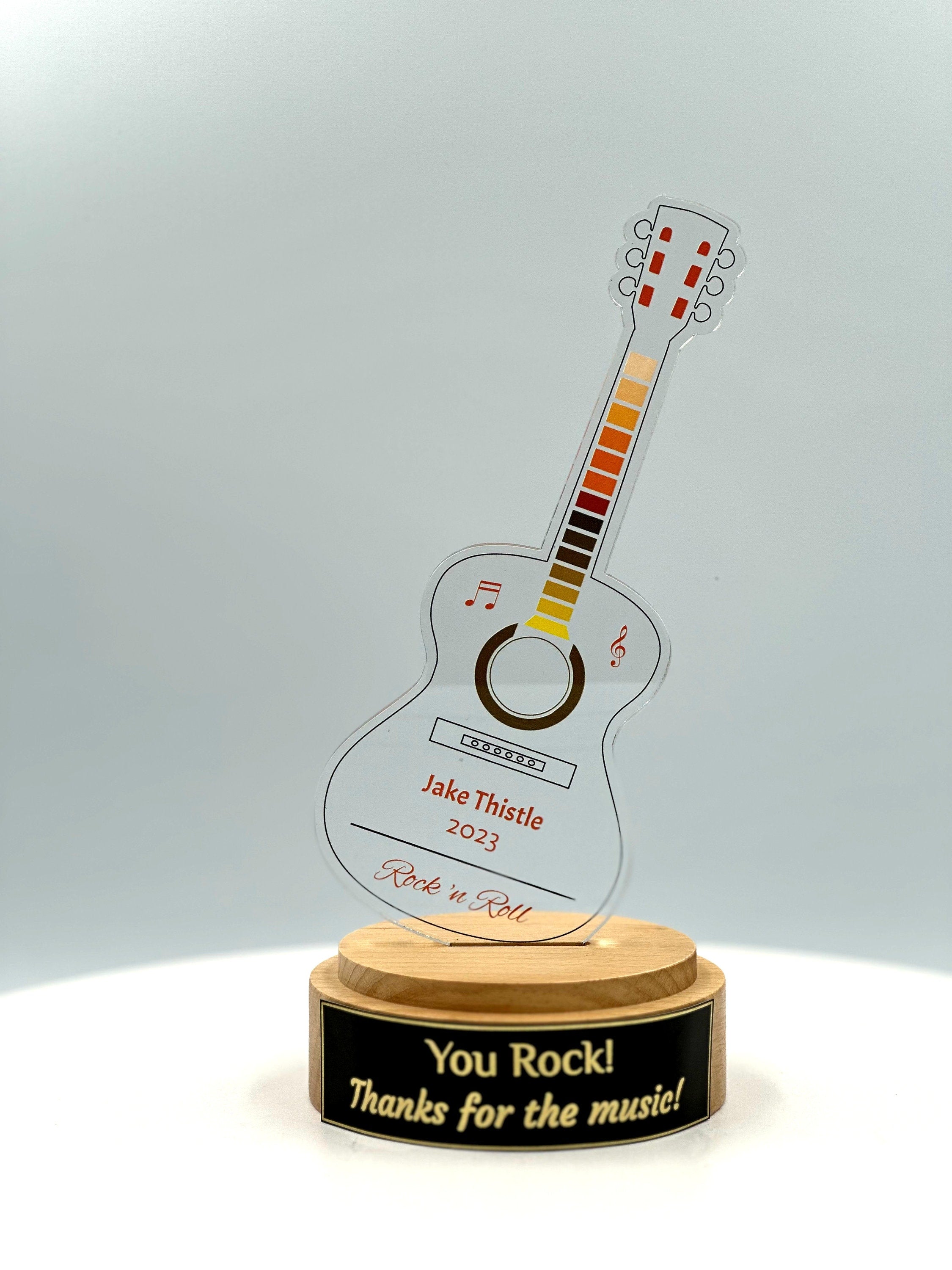 Guitar Acrylic Trophy with Solid Round Wood Base / Music Award / Guitarist Trophy / Artist Award - Acrylic Color Prints - Free Customization