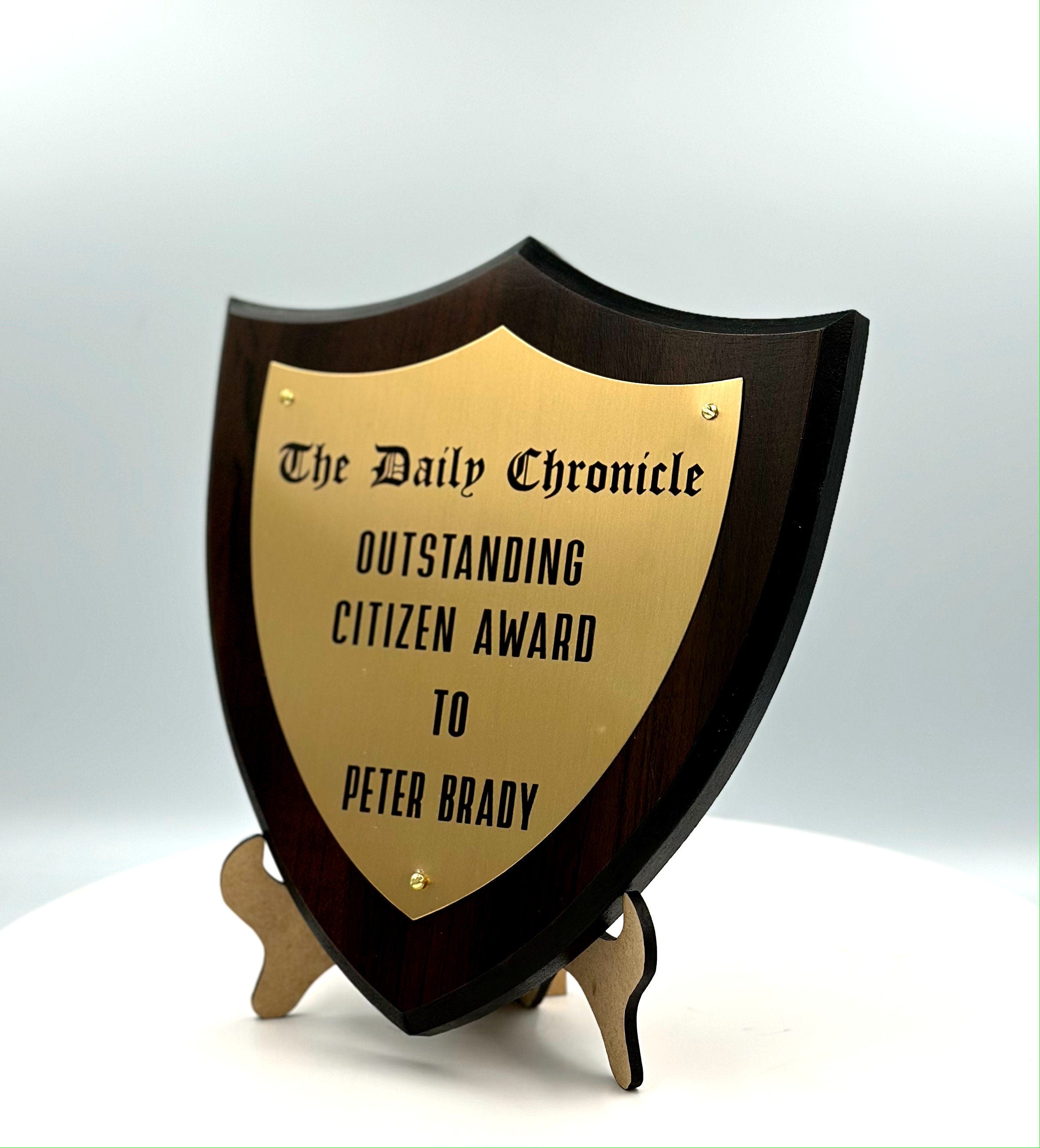 Shield Trophy Plaque Award - Walnut / Cherry Trophy Plaque with Gold / Silver on Black Metal Plate - Multiple Sizes