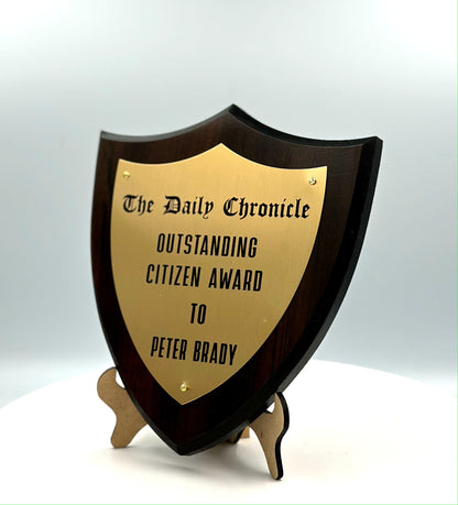 Shield Trophy Plaque Award - Walnut / Cherry Trophy Plaque with Gold / Silver on Black Metal Plate - Multiple Sizes