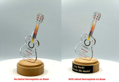 Guitar Acrylic Trophy with Solid Round Wood Base / Music Award / Guitarist Trophy / Artist Award - Acrylic Color Prints - Free Customization