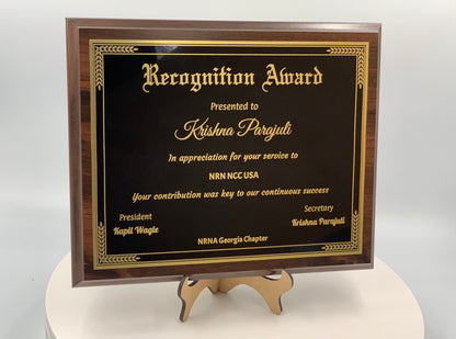 Personalized Engraved Trophy Plaque Award - Walnut / Cherry Trophy Plaque with Gold / Silver Black Metal Plate - Multiple Sizes