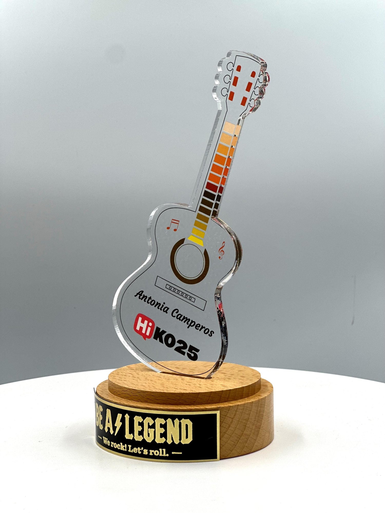 Guitar Acrylic Trophy with Solid Round Wood Base / Music Award / Guitarist Trophy / Artist Award - Acrylic Color Prints - Free Customization