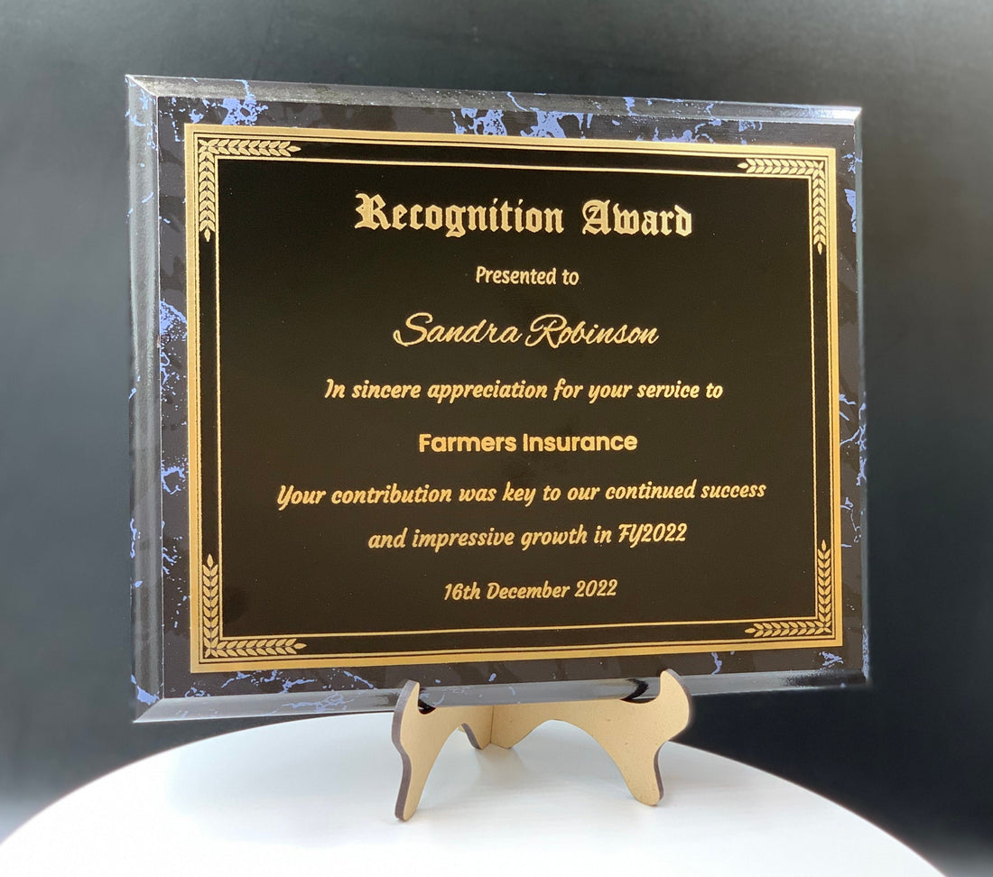 Personalized Engraved Trophy Plaque Award - Black Marble Trophy Plaque with Gold on Black Metal Plate - Multiple Sizes