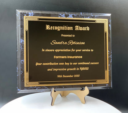 Personalized Engraved Trophy Plaque Award - Black Marble Trophy Plaque with Gold on Black Metal Plate - Multiple Sizes