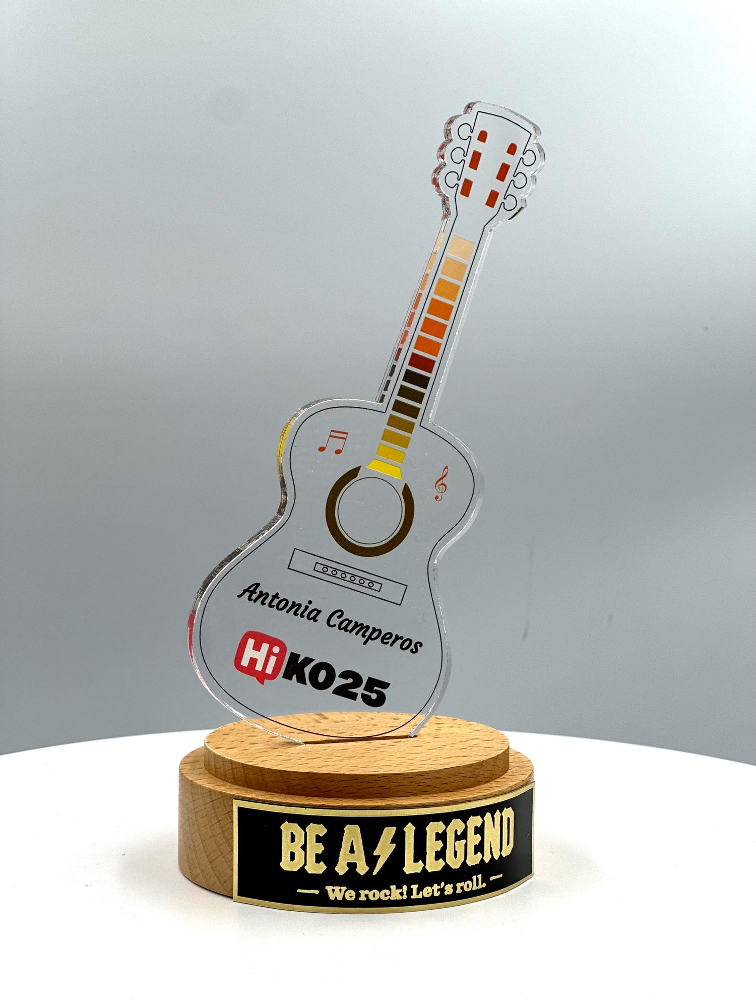 Guitar Acrylic Trophy with Solid Round Wood Base / Music Award / Guitarist Trophy / Artist Award - Acrylic Color Prints - Free Customization