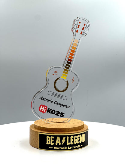 Guitar Acrylic Trophy with Solid Round Wood Base / Music Award / Guitarist Trophy / Artist Award - Acrylic Color Prints - Free Customization